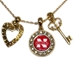 Gold Necklace - 3 charms - Heart, Key &amp; Logo - DU-74037