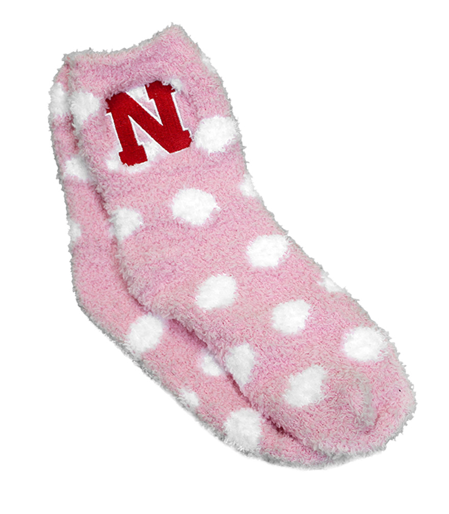 Nebraska Pink Polka Dot Fuzzy Socks