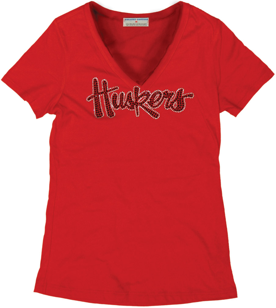Women's Red V-Neck Short Sleeve Tee with Huskers Bling