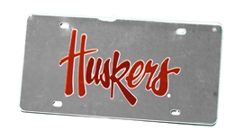 Reflective Silver Huskers Script License Plate